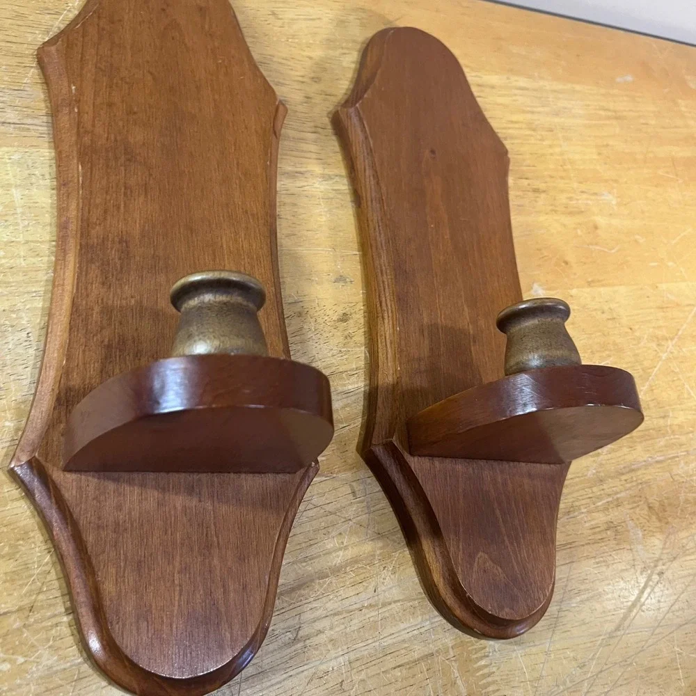 Vtg Pair Wood Wall Sconces Taper Candle Holders Brown Colonial Rustic 14